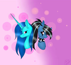 Size: 3587x3279 | Tagged: safe, artist:maneblue, imported from derpibooru, oc, oc only, earth pony, pony, unicorn, abstract background, choker, duo, earth pony oc, eyelashes, face paint, female, horn, mare, spiked choker, unicorn oc