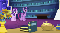 Size: 1920x1080 | Tagged: safe, imported from derpibooru, screencap, starlight glimmer, twilight sparkle, alicorn, every little thing she does, book, chick, egg (food), flower, food, library, twilight sparkle (alicorn), twilight's castle, twilight's castle library