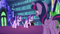 Size: 1920x1080 | Tagged: safe, imported from derpibooru, screencap, spike, starlight glimmer, twilight sparkle, alicorn, pony, unicorn, every little thing she does, season 6, butt, female, library, mare, plot, similo duplexis, twibutt, twilight sparkle (alicorn), twilight's castle, twilight's castle library