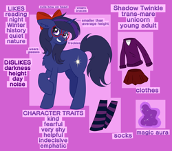 Size: 3456x3048 | Tagged: safe, artist:dreamy990, imported from derpibooru, oc, oc:shadow twinkle, pony, unicorn, bow, female, glasses, hair bow, mare, reference sheet, round glasses, solo, trans female, transgender