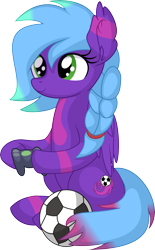 Size: 5030x8095 | Tagged: safe, artist:cyanlightning, imported from derpibooru, oc, oc only, oc:violet aura, pegasus, pony, .svg available, absurd resolution, braid, coat markings, commissioner:solar aura, controller, ear fluff, female, football, green eyes, hoof hold, hooves, mare, pegasus oc, simple background, sitting, smiling, solo, sports, transparent background, vector