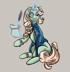 Size: 5124x5270 | Tagged: safe, artist:ghouleh, imported from derpibooru, oc, oc only, unicorn, badge, cape, clothes, female, flowy mane, jewelry, looking at you, magic, mare, monocle, quill, scroll, smiling, solo