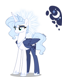 Size: 3212x4000 | Tagged: safe, artist:orin331, imported from derpibooru, princess luna, alicorn, pony, alternate universe, cutie mark, female, folded wings, frown, full body, halo, high res, hoof shoes, hooves, horn, jewelry, mare, redesign, regalia, shadow, short hair, show accurate, signature, simple background, solo, standing, teal eyes, three quarter view, transparent background, wings