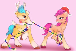 Size: 1280x858 | Tagged: safe, artist:itssim, imported from derpibooru, hitch trailblazer, sunny starscout, earth pony, pony, animal costume, antlers, blushing, christmas, christmas lights, costume, duo, female, femdom, g5, hat, holiday, itssim is trying to murder us, looking at each other, looking at someone, love, male, mare, my little pony: a new generation, neck fluff, pink background, red nose, reindeer costume, santa hat, shipping, shy, simple background, smiling, stallion, straight, sunnyhitch, tied up, unshorn fetlocks