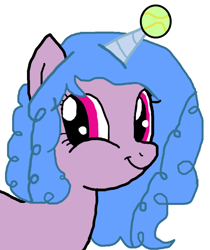 Size: 838x1000 | Tagged: safe, artist:strelokfaggot, imported from derpibooru, izzy moonbow, pony, unicorn, :t, ball, blue mane, bust, faic, female, g4, g5, g5 to g4, horn, horn guard, hornball, izzy's tennis ball, mare, meme, my little pony: a new generation, simple background, smiling, smirk, solo, tennis ball, twiface, white background