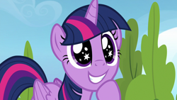 Size: 1280x720 | Tagged: safe, imported from derpibooru, screencap, twilight sparkle, alicorn, pony, season 6, top bolt, cute, excited, female, folded wings, grin, hoof on chin, horn, mare, multicolored mane, multicolored tail, purple eyes, smiling, solo, starry eyes, tail, twiabetes, twilight sparkle (alicorn), wingding eyes, wings