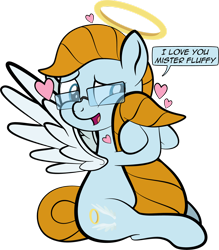 Size: 1280x1459 | Tagged: safe, artist:alexdti, imported from derpibooru, oc, oc only, oc:aqua lux, pony, dialogue, floating heart, glasses, halo, heart, hooves, hug, male, open mouth, open smile, shoulder angel, simple background, smiling, solo, speech bubble, spread wings, squishy cheeks, tail, transparent background, wings