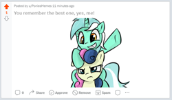 Size: 586x342 | Tagged: safe, artist:bambooharvester, artist:poniesmemes, derpibooru exclusive, imported from derpibooru, bon bon, lyra heartstrings, sweetie drops, earth pony, unicorn, female, lyrabon, me, reddit, screenshots, shipping, subreddit