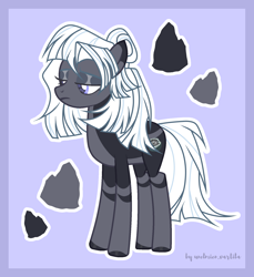 Size: 1650x1800 | Tagged: safe, artist:unelmienvartija, imported from derpibooru, oc, earth pony, pony, abstract background, coat markings, earth pony oc, eyeshadow, female, frown, full body, hooves, lidded eyes, makeup, next generation, outline, parent:maud pie, signature, solo, standing, tail, white outline