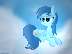 Size: 4032x3016 | Tagged: safe, artist:rainbowšpekgs, imported from derpibooru, blue october, blueberry muffin, pegasus, pony, background pony, blue eyes, cloud, female, folded wings, high res, hooves, lidded eyes, lying, lying down, lying on a cloud, mare, on a cloud, prone, signature, sky, smiling, solo, tail, wings