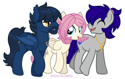 Size: 1200x758 | Tagged: safe, artist:jennieoo, imported from derpibooru, oc, oc only, oc:atin nyamic, oc:gentle star, oc:maverick, bat pony, earth pony, pegasus, pony, ^^, bat pony oc, bat wings, blue mane, chat, chatting, cute, ear fluff, ear tufts, earth pony oc, eyes closed, facial hair, female, folded wings, friends, happy, hooves, jewelry, looking at each other, looking at someone, male, mare, necklace, ocbetes, open mouth, open smile, pegasus oc, pink mane, show accurate, signature, simple background, slit pupils, smiling, stallion, transparent background, trio, walking, wings