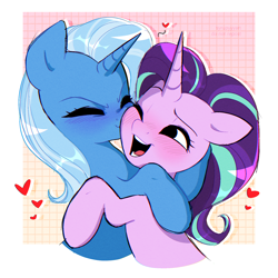 Size: 1962x1962 | Tagged: safe, artist:syrupyyy, imported from derpibooru, starlight glimmer, trixie, pony, unicorn, blushing, cheek kiss, cute, diatrixes, duo, eyes closed, female, glimmerbetes, heart, hug, kissing, lesbian, mare, one eye closed, open mouth, open smile, shipping, smiling, startrix, wink