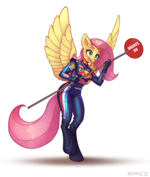 Size: 1200x1425 | Tagged: safe, alternate version, artist:asimos, imported from derpibooru, fluttershy, anthro, pegasus, unguligrade anthro, blushing, clothes, formula 1, jumpsuit, mechanic, open mouth, red bull, sign, simple background, solo, teary eyes, white background