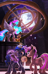 Size: 1000x1533 | Tagged: safe, artist:harwick, imported from derpibooru, night light, princess celestia, sunset shimmer, twilight velvet, alicorn, pony, unicorn, female, filly, filly sunset shimmer, foal, full moon, glowing, glowing horn, hoof shoes, horn, husband, husband and wife, implied twilight sparkle, jewelry, leg fluff, male, mare, mare in the moon, moon, mug, night, nightvelvet, observatory, preglight velvet, pregnant, raised hoof, regalia, shipping, stallion, stars, straight, wife, younger