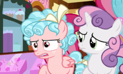 Size: 800x484 | Tagged: safe, imported from derpibooru, screencap, cozy glow, cup cake, sweetie belle, earth pony, pegasus, pony, unicorn, marks for effort, season 8, spoiler:s08, animated, bow, cozybetes, curly mane, cute, diasweetes, female, filly, foal, freckles, frustrated, gif, lidded eyes, looking at each other, looking at someone, sugarcube corner, talking, two toned mane, wings