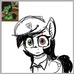 Size: 769x768 | Tagged: safe, artist:zebra, oc, oc only, oc:filly anon, pony, pony town, beret, bust, clothes, emotionless, female, filly, hat, jacket, loss (meme), portrait, scar, solo, thousand yard stare