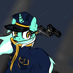 Size: 1280x1280 | Tagged: safe, artist:zebra, lyra heartstrings, oc, oc:officer lyra, cyberpunk, dual wield, featured image, glock, gun, handgun, levitation, magic, officer lyra, pistol, police, police officer, police uniform, rain, raincoat, solo, telekinesis, weapon