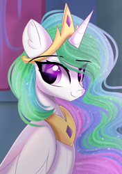 Size: 1748x2480 | Tagged: safe, artist:janelearts, imported from derpibooru, princess celestia, alicorn, pony, bust, crown, cute, cutelestia, jewelry, looking at you, peytral, portrait, regalia, smiling, solo, sparkly mane