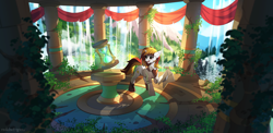 Size: 3200x1565 | Tagged: safe, artist:redchetgreen, imported from derpibooru, oc, oc only, pony, unicorn, clothes, hourglass, mountain, pillar, ruins, scenery, solo, waterfall