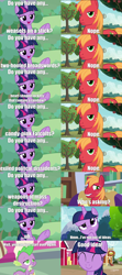 Size: 2550x5760 | Tagged: safe, edit, edited screencap, imported from derpibooru, screencap, big macintosh, spike, twilight sparkle, alicorn, asking, bosco, comic, mythology gag, nope, question, sam and max, screencap comic, twilight sparkle (alicorn)