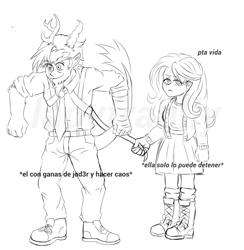 Size: 1343x1378 | Tagged: safe, artist:ladyfranlly, imported from derpibooru, discord, fluttershy, human, black and white, clothes, duo, eyeroll, female, fluttershy is not amused, grayscale, horn, horned humanization, horns, humanized, leash, male, monochrome, shoes, spanish, unamused, watermark