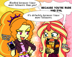 Size: 2268x1810 | Tagged: safe, artist:rileyav, imported from derpibooru, adagio dazzle, sunset shimmer, equestria girls, angry, cellphone, dialogue, duo, jealous, meta, music festival outfit, phone, sharp teeth, smartphone, smiling, smug, tears of anger, teary eyes, teeth, twitter