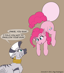 Size: 1130x1280 | Tagged: safe, artist:digoraccoon, imported from derpibooru, pinkie pie, zecora, earth pony, pony, zebra, airborne, brown background, bubblegum, duo, ear piercing, earring, female, floating, food, gum, jewelry, mare, neck rings, piercing, simple background, speech bubble, the implications are horrible