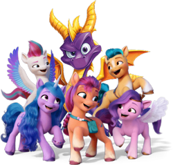 Size: 474x454 | Tagged: safe, edit, imported from derpibooru, hitch trailblazer, izzy moonbow, pipp petals, sunny starscout, zipp storm, dragon, earth pony, pegasus, pony, unicorn, 3d, female, g5, looking at you, male, mane five (g5), mare, my little pony: a new generation, simple background, spread wings, spyro the dragon, spyro the dragon (series), stallion, transparent background, wings