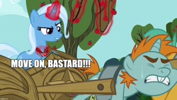 Size: 1280x720 | Tagged: safe, imported from derpibooru, screencap, snails, snips, trixie, magic duel, season 3, caption, evil trixie, image macro, text, vulgar, whip
