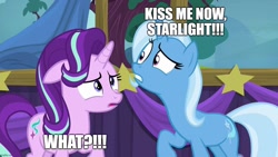 Size: 1280x720 | Tagged: safe, edit, edited screencap, imported from derpibooru, screencap, starlight glimmer, trixie, no second prances, caption, female, image macro, implied kissing, lesbian, shipping, startrix, text