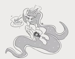 Size: 2899x2295 | Tagged: safe, artist:leadhooves, imported from derpibooru, princess luna, alicorn, pony, banana split, book, crossed legs, cute, eating, ethereal mane, female, food, glowing, glowing horn, gray background, grayscale, horn, ice cream, levitation, lidded eyes, lunabetes, magic, mare, monochrome, reading, simple background, solo, starry mane, telekinesis