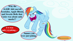 Size: 1280x720 | Tagged: safe, edit, edited screencap, editor:korora, imported from derpibooru, screencap, rainbow dash, pegasus, pony, maud pie (episode), season 4, angry, blatant lies, censored vulgarity, cuties, dialogue, grawlixes, implied apple bloom, implied oc, implied scootaloo, implied sweetie belle, offscreen character, ragebow dash, rainbow dash is best facemaker, speech bubble, this will end in pain, this will end in tears, what has been seen