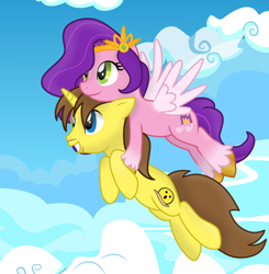 Size: 1920x1956 | Tagged: safe, artist:grapefruit-face, imported from derpibooru, pipp petals, oc, oc:grapefruit face, pegasus, pony, unicorn, base used, carrying, cloud, flying, g5, grapepipp, happy, holding a pony, my little pony: a new generation, show accurate, sky