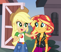 Size: 1024x877 | Tagged: safe, artist:emeraldblast63, imported from derpibooru, applejack, sunset shimmer, comic:the tale of two sunsets, equestria girls, applejack's hat, clothes, cowboy hat, cutie mark on clothes, duo, duo female, female, hat, open mouth, story in the source, vest