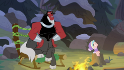 Size: 1280x720 | Tagged: safe, edit, edited screencap, imported from derpibooru, screencap, cozy glow, lord tirek, frenemies (episode), campfire, clothes, rocking chair, snow, stump, winter outfit