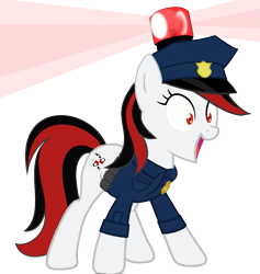 Size: 809x854 | Tagged: safe, artist:blackjackpone, edit, imported from derpibooru, vector edit, oc, oc only, oc:blackjack, pony, fallout equestria, fallout equestria: project horizons, excited, female, hat, mare, police, police hat, police officer, police uniform, simple background, solo, transparent background, vector