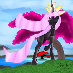 Size: 3000x3000 | Tagged: safe, artist:saint boniface, imported from derpibooru, oc, oc only, oc:invicta, changeling, changeling queen, cloud, day, female, high res, lake, long mane, looking back, mare, mountain, outdoors, purple changeling, raised hoof, signature, sky, solo, tree, water