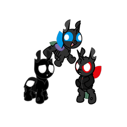 Size: 4096x4096 | Tagged: safe, artist:theunidentifiedchangeling, imported from derpibooru, oc, oc:lone lone(unidentified), oc:rage(unidentified), oc:uni(unidentified), changeling, bipedal, changeling oc, clothes, fangs, happy, hoodie, horn, looking at you, red changeling, simple background, solo, three quarter view, transparent background, wide smile, wings, worried, zipper