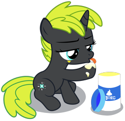 Size: 3730x3590 | Tagged: safe, artist:strategypony, imported from derpibooru, oc, oc only, oc:bright dawn, pony, unicorn, bing bong, female, filly, foal, food, horn, licking, mayonnaise, sauce, simple background, subverted meme, tongue out, transparent background, unicorn oc