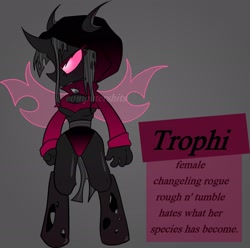 Size: 2339x2318 | Tagged: safe, artist:cutiesparke, imported from derpibooru, oc, oc only, oc:trophi, anthro, changeling, unguligrade anthro, boob window, changeling oc, clothes, female, hoodie, pink changeling, pink eyes, reference sheet, solo, spread wings, wings