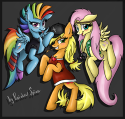 Size: 1070x1020 | Tagged: safe, artist:rainbowspine, imported from derpibooru, applejack, fluttershy, rainbow dash, earth pony, pegasus, pony, clothes, female, mare