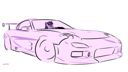 Size: 3840x2160 | Tagged: safe, artist:purblehoers, imported from derpibooru, twilight sparkle, pony, unicorn, car, drifting, driving, female, frown, glare, high res, hoof hold, mare, mazda, mazda rx-7, minimalist, serious, serious face, simple background, sketch, solo, unicorn twilight, white background