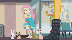 Size: 3410x1920 | Tagged: safe, imported from derpibooru, screencap, angel bunny, fluttershy, sunset shimmer, dog, rabbit, equestria girls, equestria girls series, so much more to me, :o, animal, boots, broom, clothes, cutie mark on clothes, female, fluttershy boho dress, geode of fauna, hairpin, high res, jewelry, leather, leather boots, magical geodes, male, necklace, open mouth, puppy, sandals, shoes