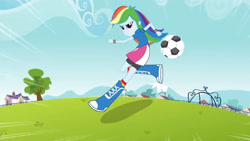 Size: 3410x1920 | Tagged: safe, imported from derpibooru, screencap, rainbow dash, equestria girls, equestria girls (movie), boots, female, football, high res, shoes, solo, sports