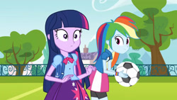 Size: 3410x1920 | Tagged: safe, imported from derpibooru, screencap, rainbow dash, twilight sparkle, equestria girls, equestria girls (movie), backpack, clothes, cutie mark on clothes, duo, duo female, female, football, high res, smiling, sports, tree