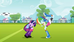 Size: 3410x1920 | Tagged: safe, imported from derpibooru, screencap, rainbow dash, twilight sparkle, equestria girls, equestria girls (movie), backpack, boots, clothes, cutie mark on clothes, duo, duo female, eyes closed, female, football, high res, shoes, smiling, sports