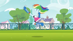 Size: 3410x1920 | Tagged: safe, imported from derpibooru, screencap, rainbow dash, equestria girls, equestria girls (movie), boots, clothes, cutie mark on clothes, eyes closed, female, grin, high res, shoes, smiling, solo, tree