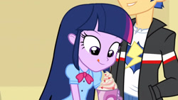 Size: 3410x1920 | Tagged: safe, imported from derpibooru, screencap, flash sentry, twilight sparkle, equestria girls, equestria girls (movie), :p, clothes, cutie mark on clothes, duo, female, high res, jacket, male, out of context, tongue out