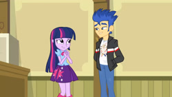 Size: 3410x1920 | Tagged: safe, imported from derpibooru, screencap, flash sentry, twilight sparkle, equestria girls, equestria girls (movie), clothes, cutie mark on clothes, duo, female, high res, jacket, lip bite, male, smiling