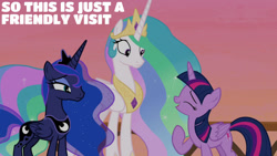 Size: 1280x720 | Tagged: safe, edit, edited screencap, editor:quoterific, imported from derpibooru, screencap, princess celestia, princess luna, twilight sparkle, alicorn, pony, a royal problem, season 7, crown, eyes closed, female, jewelry, mare, open mouth, open smile, regalia, smiling, twilight sparkle (alicorn)